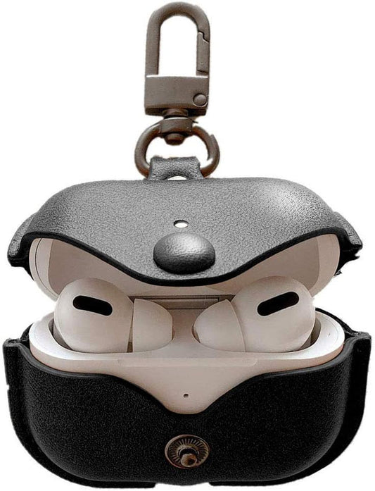 Genuine Leather Protective Case for AirPods Pro (1st/2nd Generation) with Keychain and Snap Lock - Black