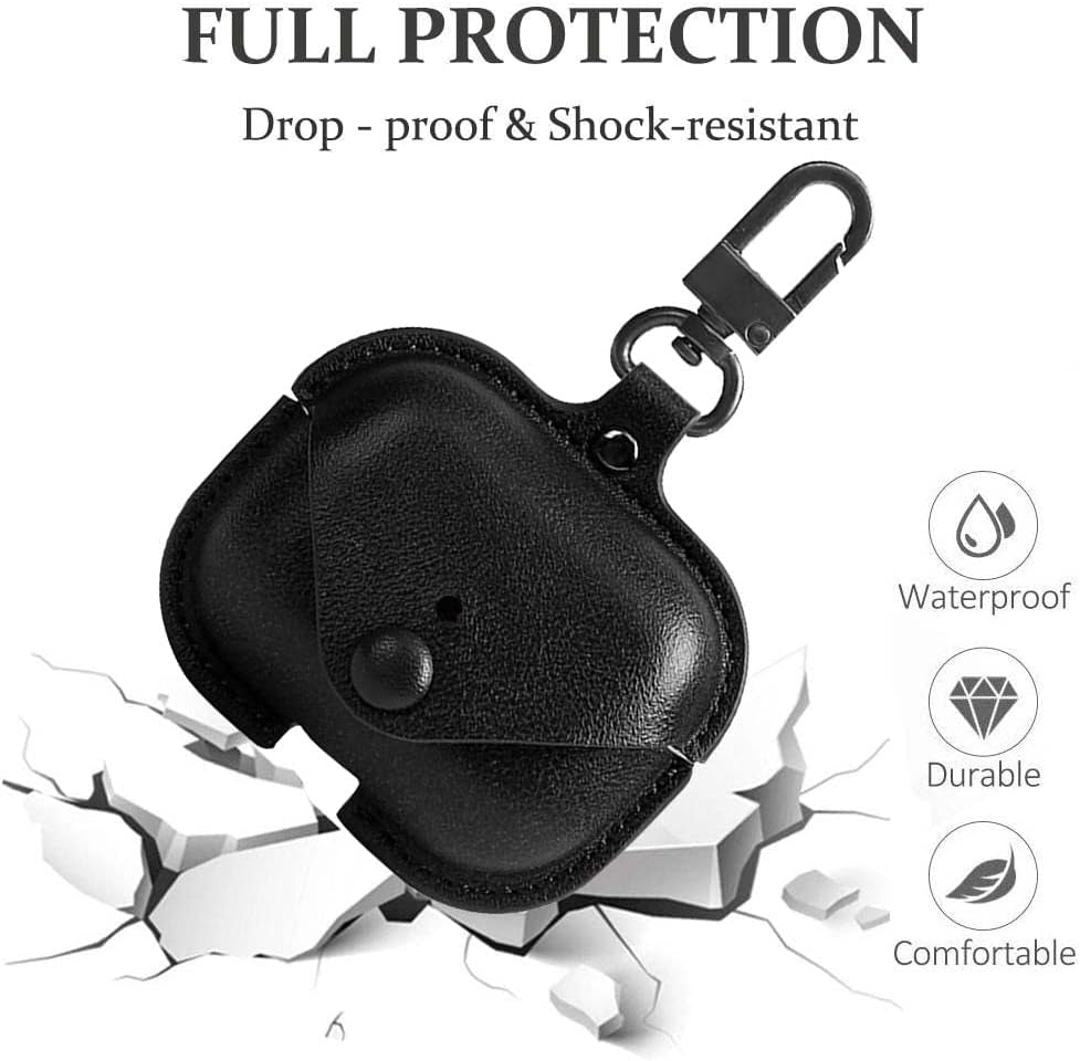 Genuine Leather Protective Case for AirPods Pro (1st/2nd Generation) with Keychain and Snap Lock - Black