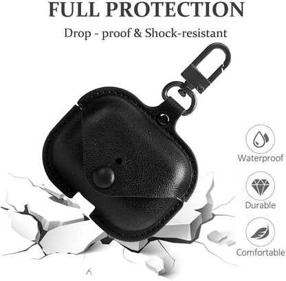 Genuine Leather Protective Case for AirPods Pro (1st/2nd Generation) with Keychain and Snap Lock - Black