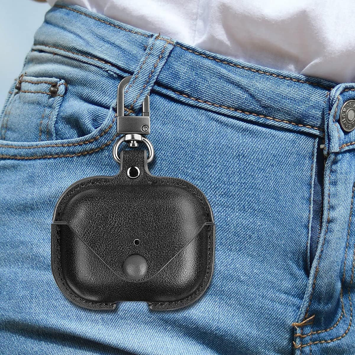 Genuine Leather Protective Case for AirPods Pro (1st/2nd Generation) with Keychain and Snap Lock - Black
