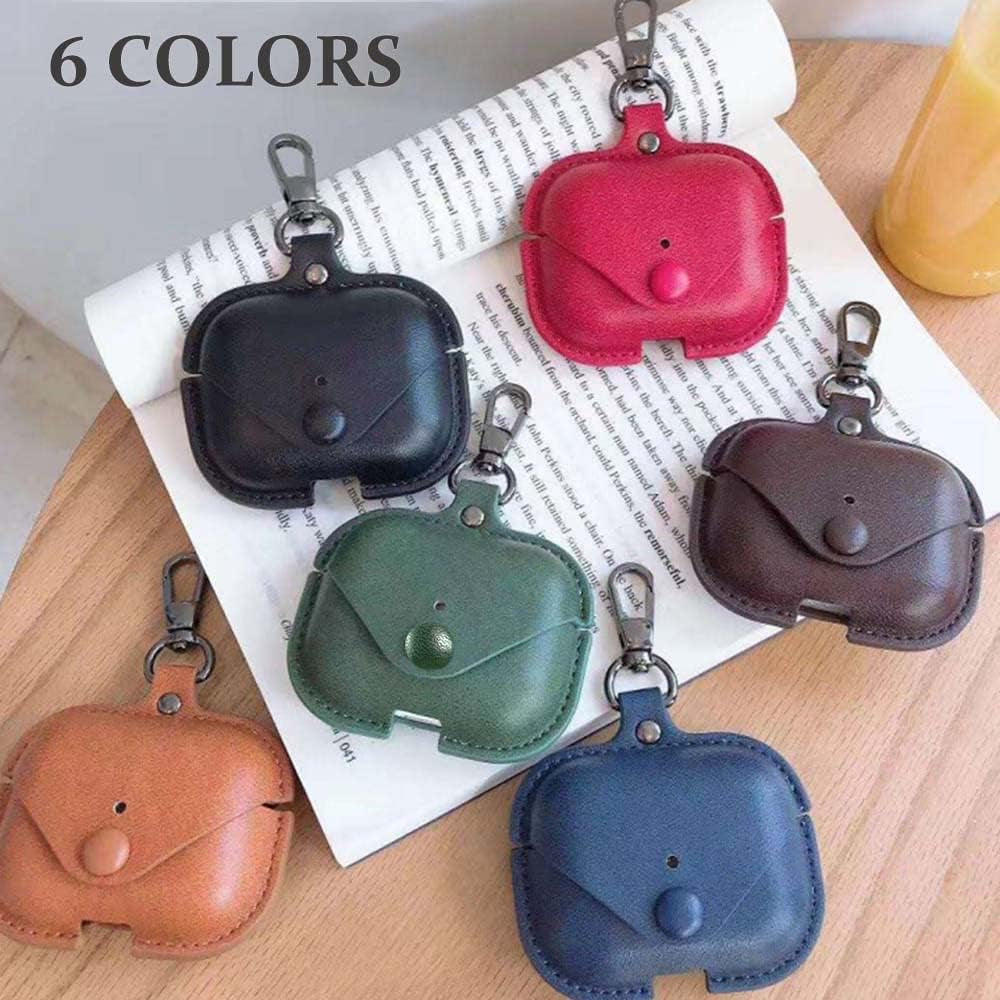Genuine Leather Protective Case for AirPods Pro (1st/2nd Generation) with Keychain and Snap Lock - Black