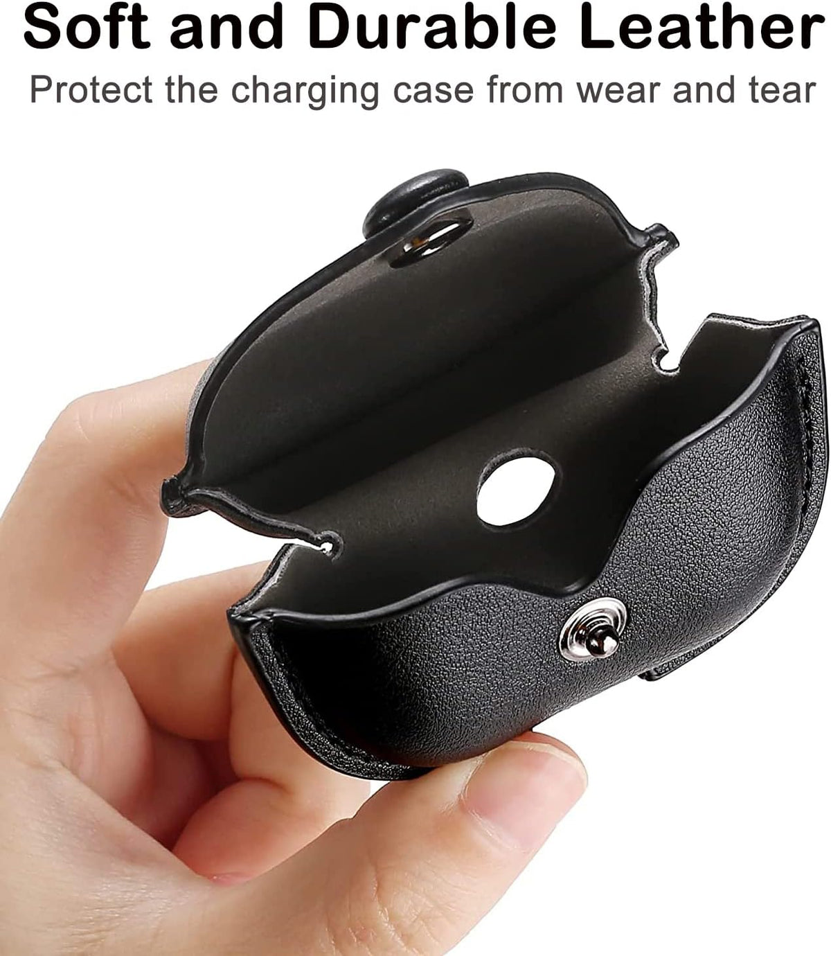 Genuine Leather Protective Case for AirPods Pro (1st/2nd Generation) with Keychain and Snap Lock - Black
