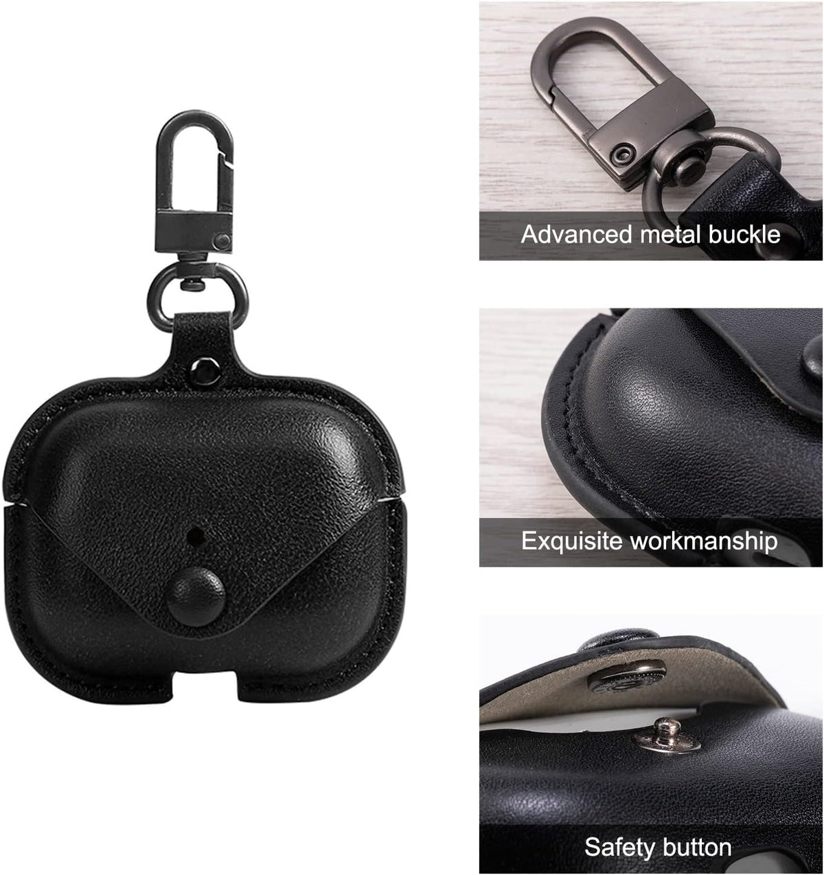 Genuine Leather Protective Case for AirPods Pro (1st/2nd Generation) with Keychain and Snap Lock - Black