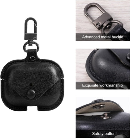Genuine Leather Protective Case for AirPods Pro (1st/2nd Generation) with Keychain and Snap Lock - Black